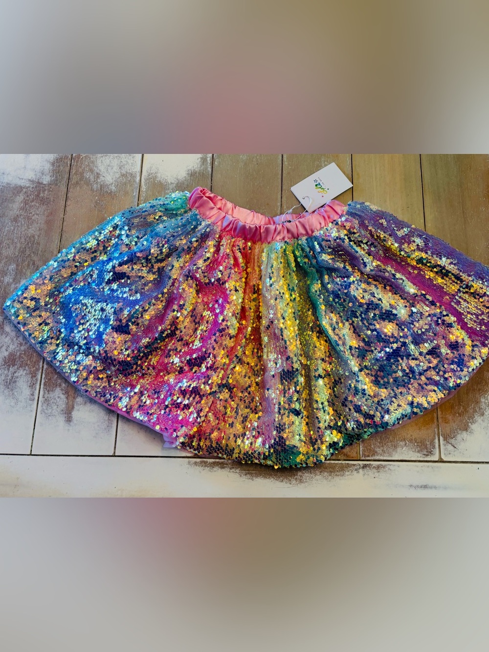 Lola + The Boys Rainbow Sequin Circle Skirt with Pink Waistband